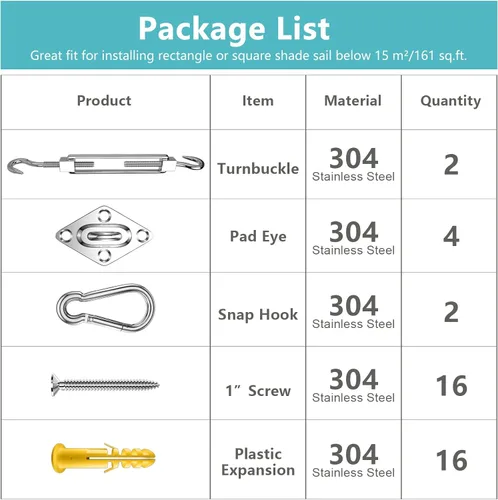Miniatura 4 de Kit de accesorios para toldo, 5 pulgadas, súper resistente, acero inoxidable 304 de grado marino, kit de accesorios para instalación de velas