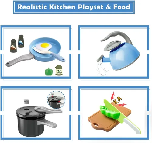 Miniatura 6 de Bruvoalon Juego de 67 piezas de juguetes de cocina para niños, juego de cocina de simulación para niños pequeños con ollas, sartenes, utensilios