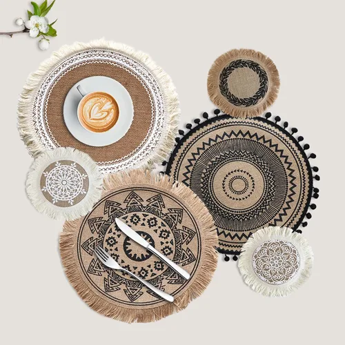Miniatura 7 de LELE LIFE Juego de 6 decoraciones de pared de yute bohemio, macramé redondo y plano para colgar en la pared, arte de pared de mandala