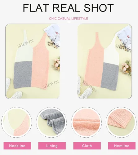Miniatura 5 de SHEWIN Blusa sin mangas de punto con cuello en V para mujer, casual, bloque de color, holgada, sin mangas