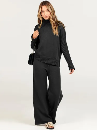 Miniatura 7 de ANRABESS Conjunto de 2 piezas para mujer, suéter de punto de manga larga, pantalón de pierna ancha, ropa de descanso, moda 2025