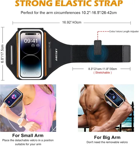 Miniatura 5 de Brazalete para correr con bolsa para auriculares, brazalete para teléfono celular para iPhone 17 16 15 Pro 14 Plus 13 11 XR, Galaxy S24/S10 Negro
