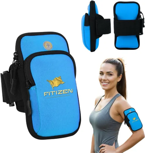 Fitizen - Brazalete de teléfono para correr, color azul cielo, ajustable, resistente al agua, para iPhone y Android, para el ciudadano activo,