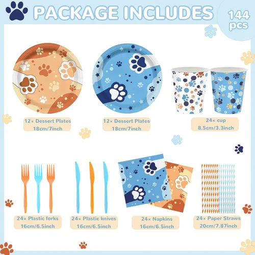 Miniatura 2 de 168 piezas de suministros de fiesta de cumpleaños de perro azul naranja para niños y niñas, niños de 1 a 2 años, decoración de fiesta de babyshower