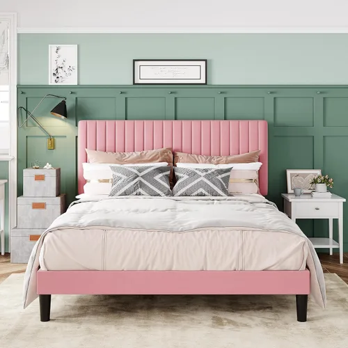 Miniatura 10 de Allewie - Base de cama tamaño King con cabecera acolchada tapizada en terciopelo y diseño acanalado vertical ajustable; plataforma de cama con base