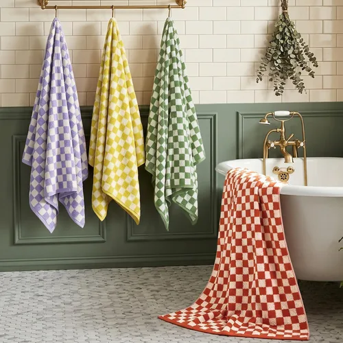 Miniatura 2 de Jacquotha Juego de 4 toallas de baño a cuadros 100% algodón para baño, ducha, piscina y playa (morado, amarillo, verde, naranja), 520 GSM