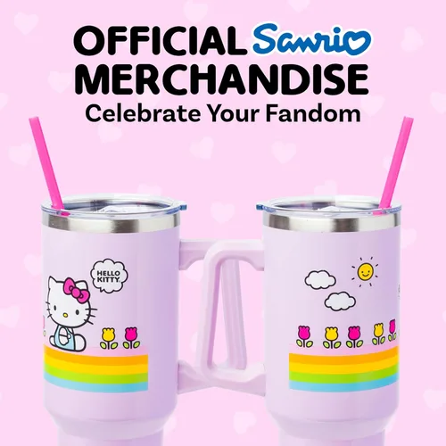 Miniatura 6 de Silver Buffalo - Vaso de acero inoxidable Sanrio Hello Kitty con flores de primavera y verano y rayas arcoíris, con asa y popote, compatible