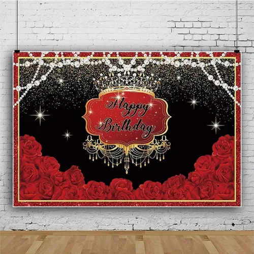 Miniatura 2 de Telón de fondo de feliz cumpleaños para mujer, 5 x 3 pies, rosas rojas, flores, manchas doradas, perlas, fondo de fotografía de lujo, decoración