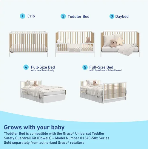 Miniatura 5 de Graco Teddi cuna convertible 5 en 1 (blanco con madera flotante) – Certificado GREENGUARD Gold, se convierte en cama de día, cama infantil y cama