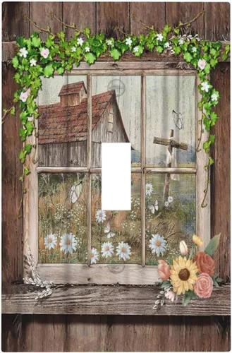 Miniatura 2 de Cubierta de Placas de Interruptor de Luz de Palanca Única Decorativa de Estilo Granja Rústico de Flores de Campo para Pared, Placa Eléctrica de Cara