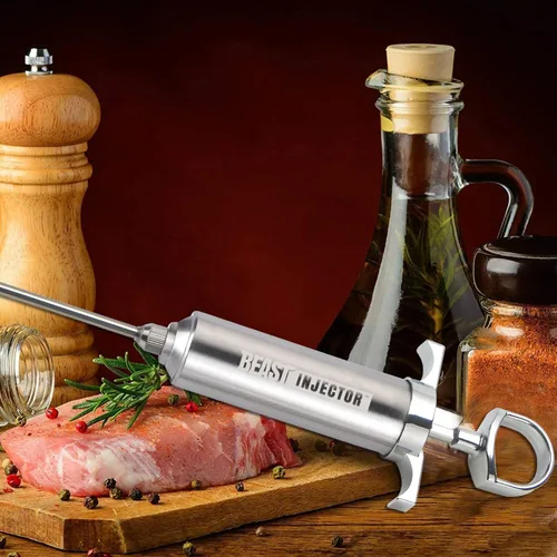 Miniatura 3 de Jeringuilla de acero inoxidable 304 Grill Beast para inyectar jugos en carne con gran capacidad, 2 onzas y agujas para pichito de calidad, L, Acero