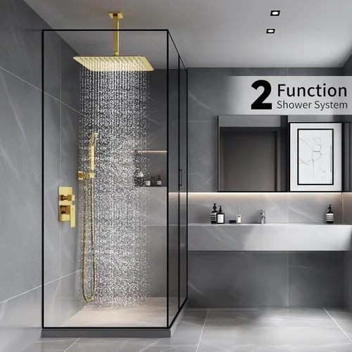 Miniatura 2 de SR SUN RISE Sistema de ducha montado en el techo de 12 pulgadas, mezclador de lluvia, sistema de cabezal de ducha de lluvia, dorado cepillado