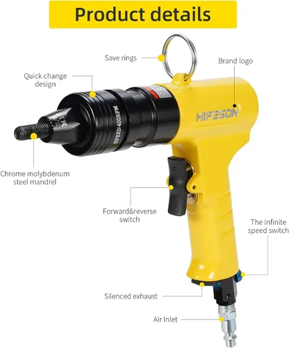 Miniatura 2 de Pistola de tuerca remachadora neumática con pistola de cabeza autobloqueante, cambio rápido 1/4 y 5/16 y 3/8 y M6 y M8 y M10 y mandriles