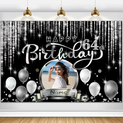 Miniatura 104 de Cartel de decoración de feliz cumpleaños número 100 personalizado - Personalización disponible - Negro y plateado - Tamaño grande - Admite fotos