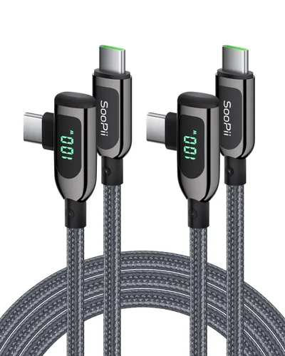 Miniatura 20 de SOOPII 100W Cable USB C a USB C de Ángulo Recto, Cable de Aleación de Zinc de 1 Pie de Tipo-C Trenzado de Nylon con Pantalla LED para iPad