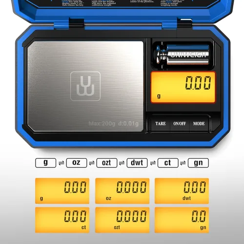 Miniatura 2 de UNIWEIGH Báscula digital de bolsillo de 7.05 oz/0.00 oz, báscula digital de gramos, mini báscula de joyería digital de peso gramo con pesos Cal