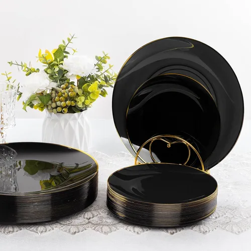 Miniatura 4 de 350 Piezas Juego de Vajilla de Plástico Negro Dorado, Platos Desechables Dorados para Fiesta, Incluye 100 Platos Negros con 150 Cubiertos