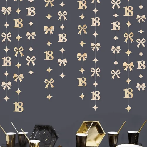 Miniatura 6 de Decoración de cumpleaños número 18 en negro, número 18 con punto circular, guirnalda de estrellas centelleantes, banderines de serpentina metálica