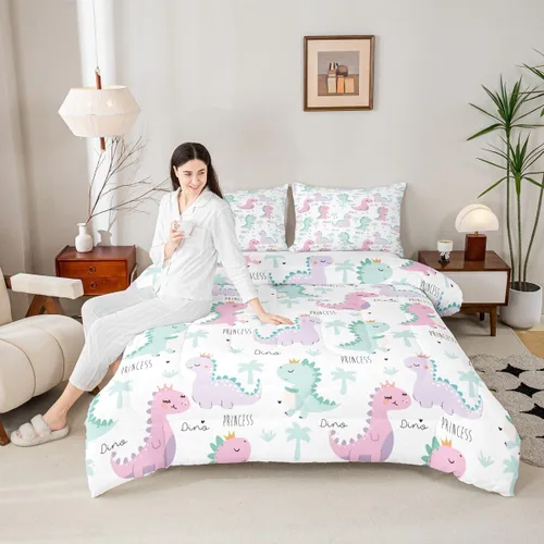 Miniatura 4 de Erosebridal Juego de edredón de dinosaurio, juegos de ropa de cama de dinosaurios rosa y morado para niñas, bonito edredón de animales lindos Multi