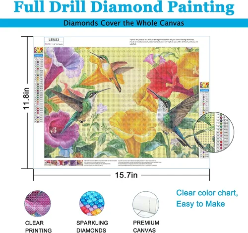 Miniatura 2 de LELEMON Kits de arte de diamantes para adultos, kits de pintura de diamantes de colibrí para adultos, kit de pintura de diamante 5D con accesorios