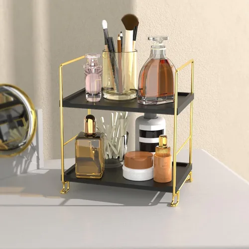Estante organizador de especias de 2 niveles para baño, estante de almacenamiento de encimera, estante de almacenamiento de cosméticos de pie negro