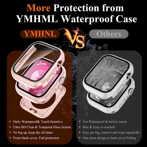 Miniatura 3 de YMHML Funda para Apple Watch Series 9/8/7 de 1.614 pulgadas, protector de pantalla de vidrio templado 360, cubierta frontal de policarbonato duro +