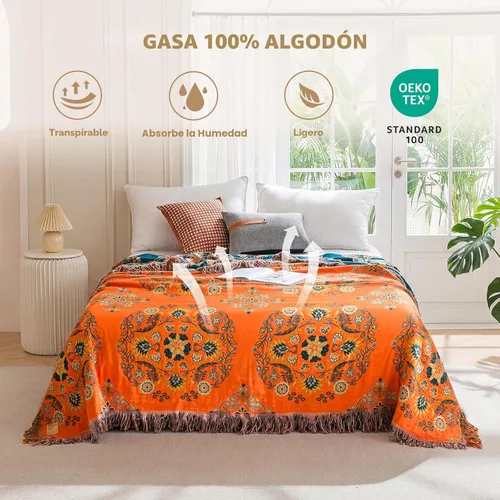 Miniatura 2 de Cobija para cama de estilo bohemio, 100 % algodón, ultra suave, edredón rústico, cobija de otoño, estampado floral, cobija grande rústica para sofá
