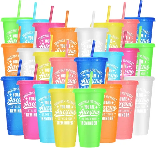 Miniatura 19 de Paquete de 24 vasos de plástico con tapas y popotes, vasos reutilizables con tapas y popotes, vasos coloridos para bebidas frías y café helado