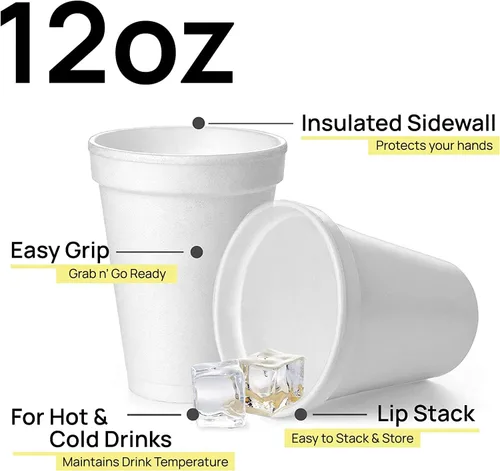 Miniatura 2 de Shop Square Vasos de espuma desechables de 12 onzas (paquete de 100), espuma blanca aísla bebidas calientes y frías, fabricadas en los Estados