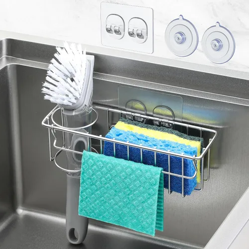 Miniatura 11 de Soporte de esponja 3 en 1 para fregadero de cocina, 2 opciones de suspensión (ventosas y gancho adhesivo), organizador de fregadero colgante