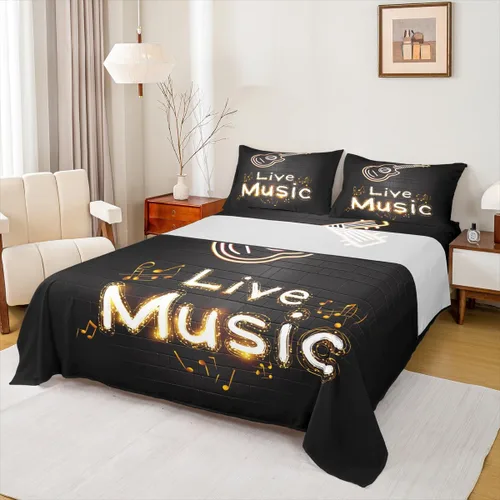 Miniatura 26 de Erosebridal Juego de sábanas con temática musical de música rock, tamaño Queen, juego de sábanas con estampado de notas musicales, juego de sábanas