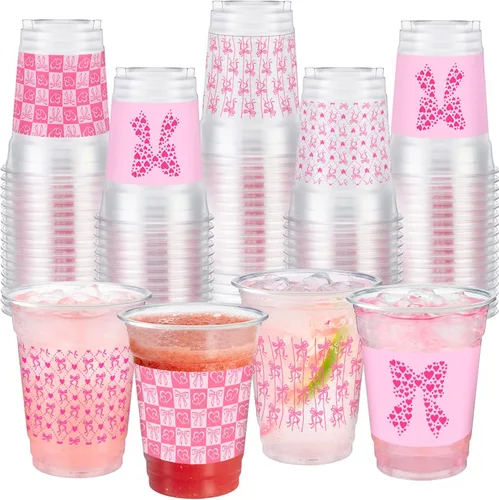 Qinyoung 100 vasos de plástico con lazo rosa de 12 onzas, vasos desechables de coqueta, lazo rosa y corazón, vasos de plástico transparente para