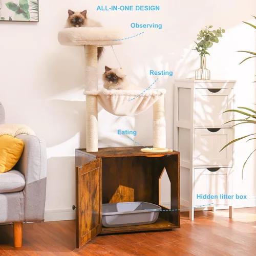 Miniatura 2 de Hey-brother Árbol para gatos con caja de arena, torre para gatos todo en uno para gatos de interior con hamaca grande, cama, estación de alimentos