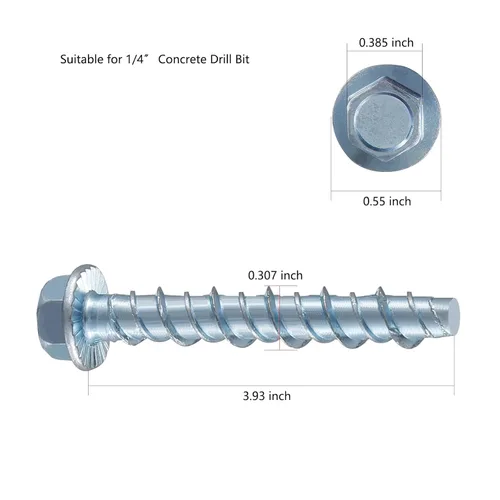 Miniatura 2 de Wensilon Tornillo para concreto de 1/4" x 4" con recubrimiento de zinc de diámetro grande, grosor real 5/16" (8mm) para anclaje en mampostería