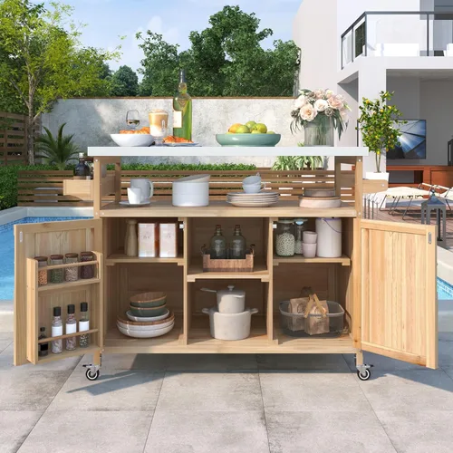 Miniatura 2 de Carrito de bar al aire libre con armario de almacenamiento, isla de cocina portátil con ruedas, mesa de preparación de consola al aire libre