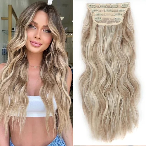 Miniatura 25 de 4 piezas de extensiones de cabello rizado con clip, color dorado oscuro, mezcla de rubio beige, sintético de 20 pulgadas de largo, extensiones