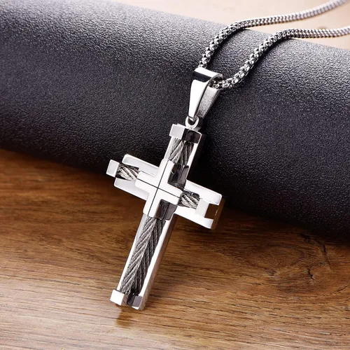 Miniatura 5 de YL Collar de cruz para hombre de acero inoxidable 316L con colgante grande de Jesucristo, color blancodoradonegro, cadena Rolo para 20, 22, 24, 26