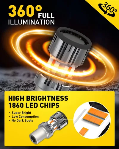 Miniatura 3 de AUXITO 2025 - Bombillas LED mejoradas 1156 para luz de señal de giro con ventilador, 4000 LM 600% súper brillantes amarillo ámbar, BA15S 1141 7506