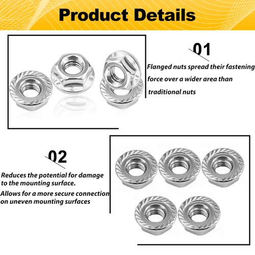 Miniatura 5 de Paquete de 55 tuercas hexagonales de brida dentada M6, tuercas de brida hexagonales M6-1mm, acero inoxidable 304, sujetadores de tuercas métricas
