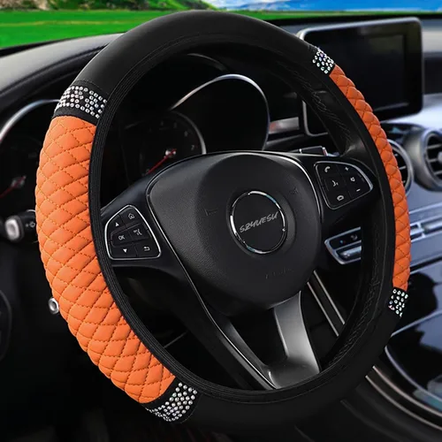 Miniatura 9 de Funda para volante de cuero suave brillante de 15 pulgadas con diamantes de imitación con brillos para mujeres y niñas – Accesorio elástico
