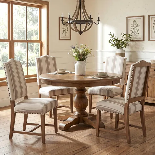 Miniatura 13 de ROCITY Juego de 2 sillas de comedor de lino tapizadas color beige, sillas laterales de cocina con patas de madera y ribete de cabeza de clavo
