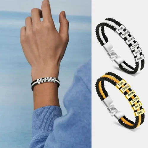 Miniatura 70 de Pulseras de cuero personalizadas para hombre con 1-6 nombres, pulsera trenzada personalizada con cuentas para papá, marido, día del padre, San