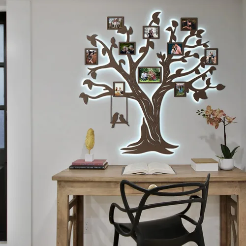 Miniatura 7 de JustLikeWood Calcomanías de pared de árbol genealógico de madera 3D LED de 51 x 50 pulgadas con marco, decoración de pared para sala de estar, Nogal