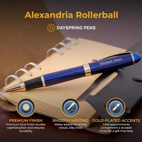 Miniatura 4 de Dayspring Pens Alexandria - Bolígrafo roller, laca azul con borde dorado, grabado personalizado, regalo de graduación, nuevo trabajo, promoción u