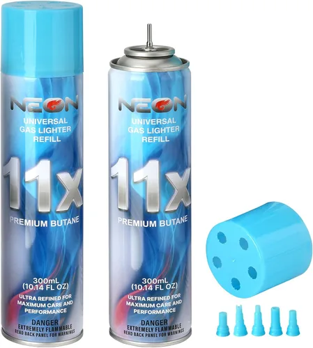 NEON Recambio de combustible de butano, 11 veces ultrarefinado, líquido de encendedor premium de 300ml (10.1 fl oz) con boquilla de metal y 5