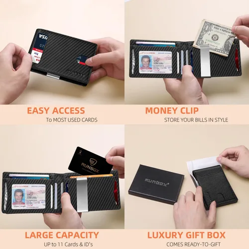 Miniatura 130 de RUNBOX - Carteras delgadas para hombre, cartera de piel con pinza para el dinero, cartera de bolsillo frontal con bloqueo RFID, tarjetero