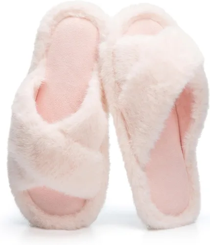Miniatura 14 de Pantuflas mullidas para mujer, con banda cruzada, zapatos de casa para mujer, espuma viscoelástica, puntera abierta, silenciosas