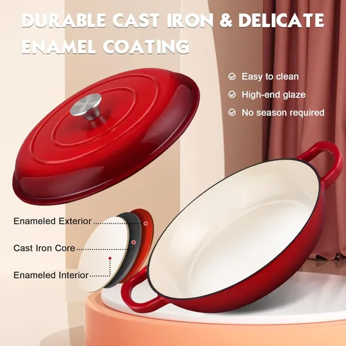 Miniatura 2 de Overmont Horno holandés de hierro fundido esmaltado, olla holandesa de 3.8 cuartos de galón con tapa, sartén poco profunda, cacerola de hierro Rojo