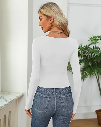 Miniatura 3 de 3 piezas de camisetas cortas básicas de manga larga para mujer, ajustadas, cuello redondo, color liso, casual, para mujer