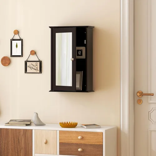 Miniatura 5 de Tangkula Botiquín de baño con espejo, armario de almacenamiento de puerta de espejo único montado en la pared con estante ajustable, gabinete